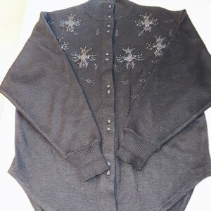 lady m sweater Black Wool Sz Med Embroidered Beaded Cardigan